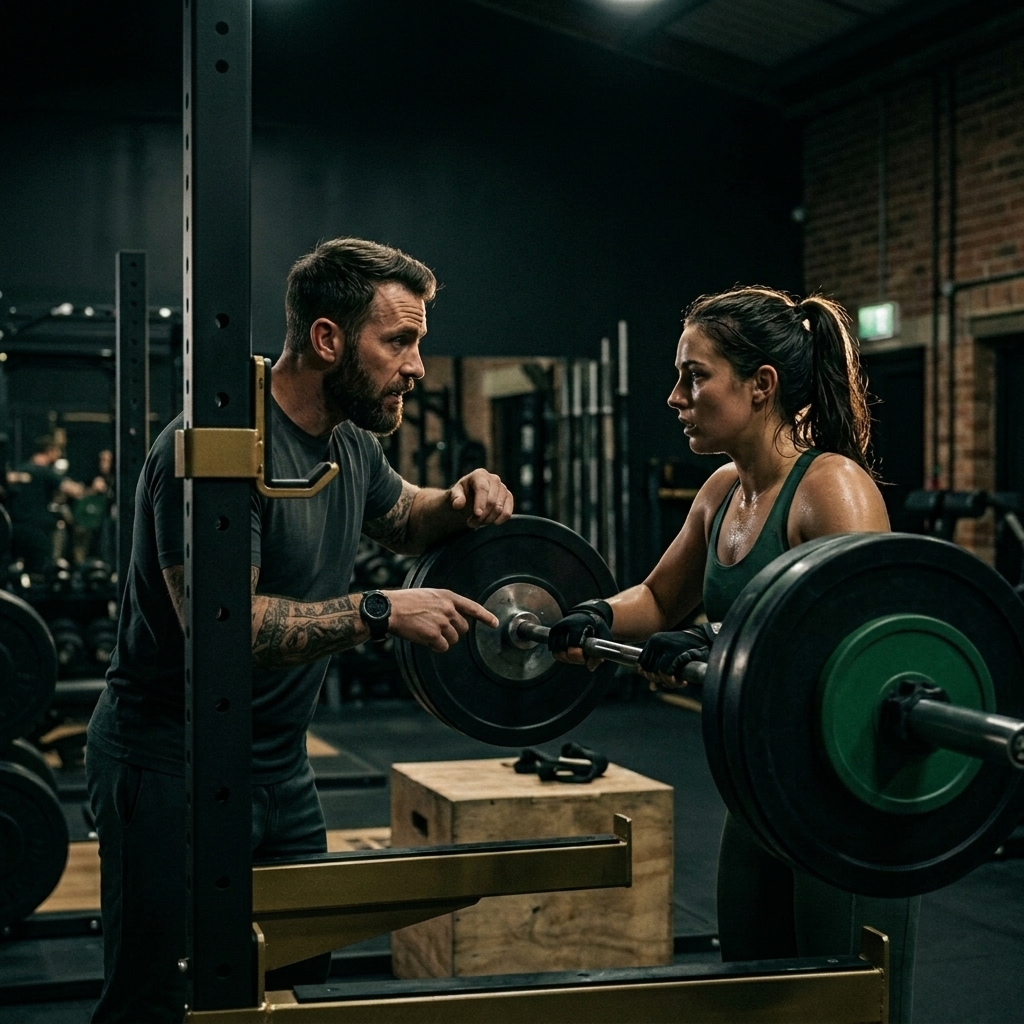 Coach and client discussing training system